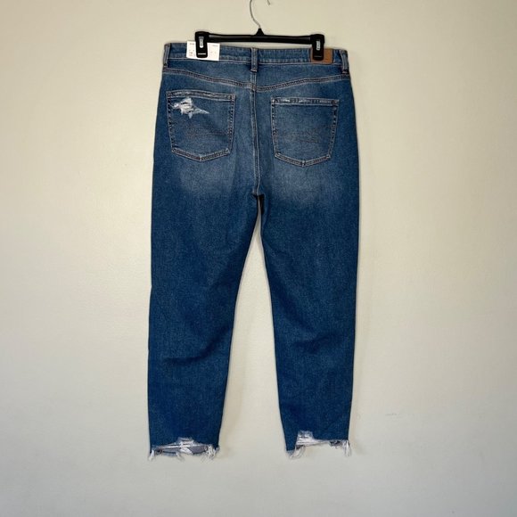 American Eagle Womens Blue Ripped Mom Jeans SIze 14 Stretch Distressed Denim - Picture 2 of 13